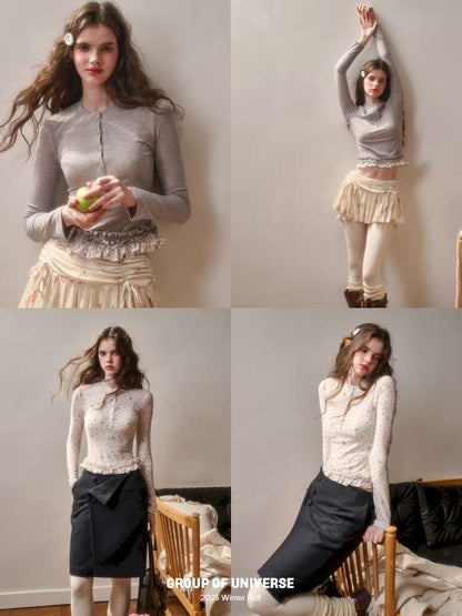 Comfortable Cotton Crew Neck Slim Lace Hem Top【s0000014895】