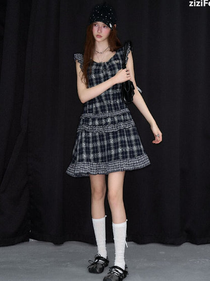 Spliced Plaid Flying Sleeve Dress【s0000016844】