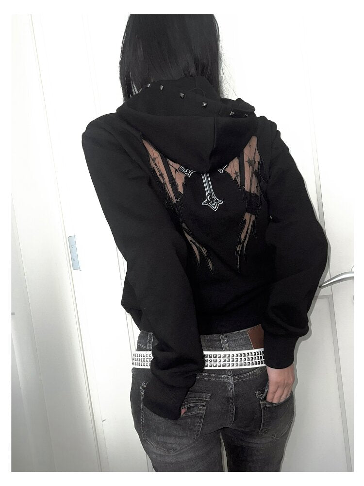 Hollow Wing Lace Cross Rivet Hoodie【s0000019268】