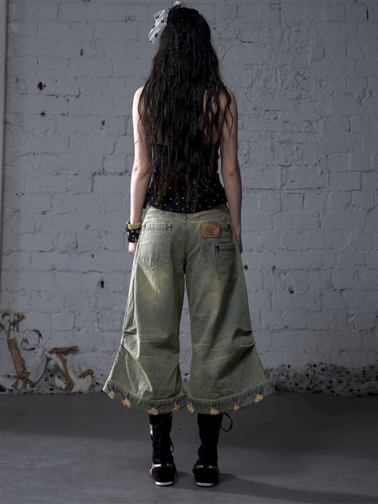 Wide-leg denim cropped pants【s0000012800】