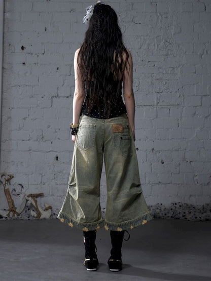 Wide-leg denim cropped pants【s0000012800】