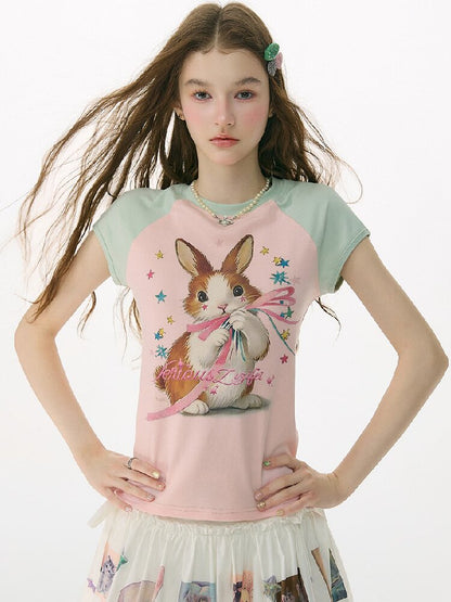 Summer Retro Contrast Rabbit T Shirt【s0000017159】