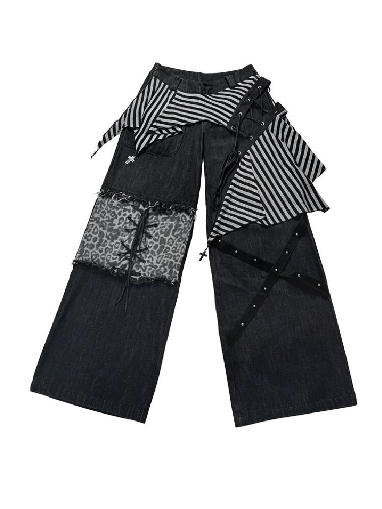 Striped Patchwork Wide Leg Jeans【s0000018182】