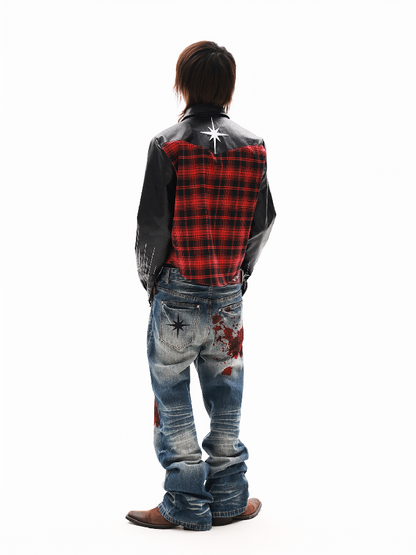 Embroidery Slogan Plaid Leather Jacket【s0000018353】