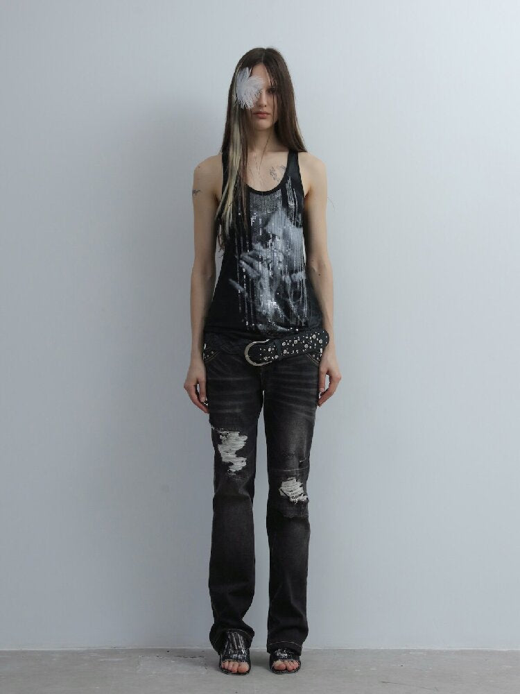 Silver Sequin Print U Neck Vest【s0000016566】