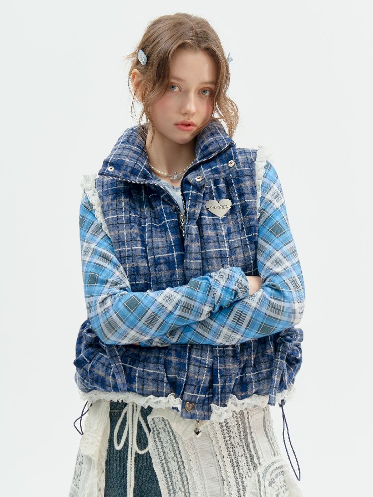 Checkered Splicing Lace Cotton Vest【s0000011504】