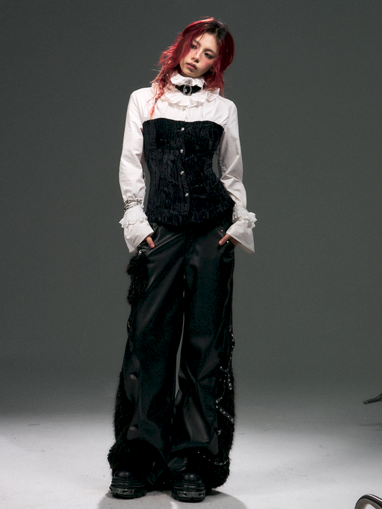 Lace Strappy Flared Velvet Shirt【s0000015014】