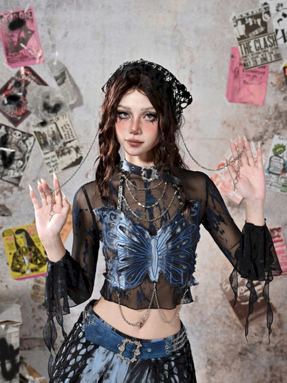 Butterfly Breast Plunge Mesh Bottom Shirt【s0000013506】