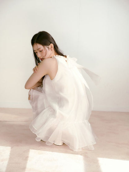 Bow Pearl Neckline Pom Pom Dress【s0000013243】