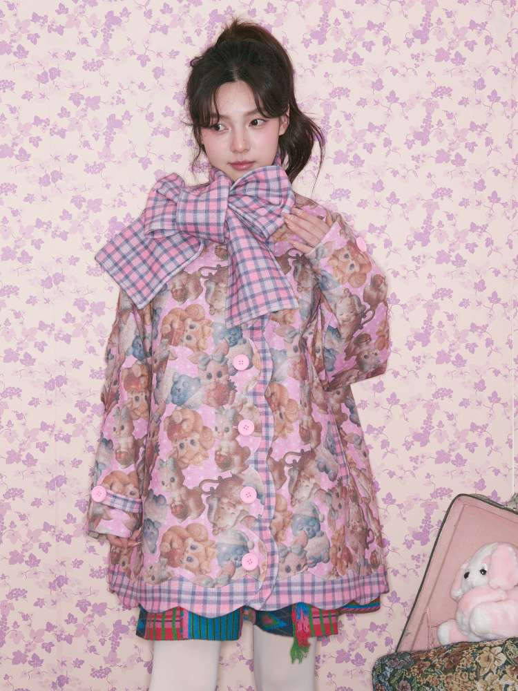 Pink Plaid Animal Padded Jacket【s0000015026】