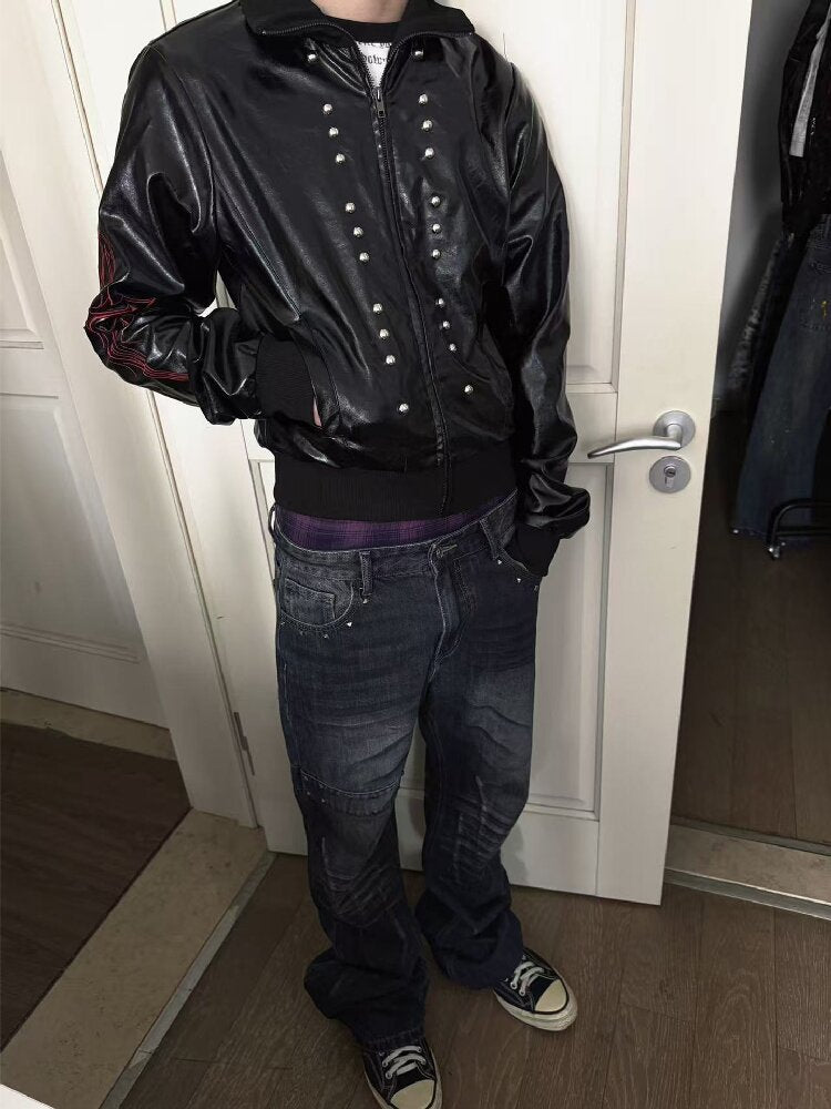 Riveted Embroidered Street Leather Jacket【s0000019274】
