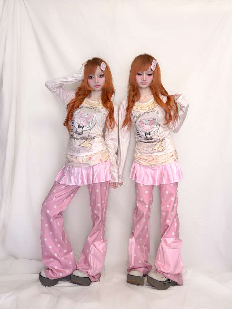 Pink Polka Dot Flared Sweatpants【s0000015401】