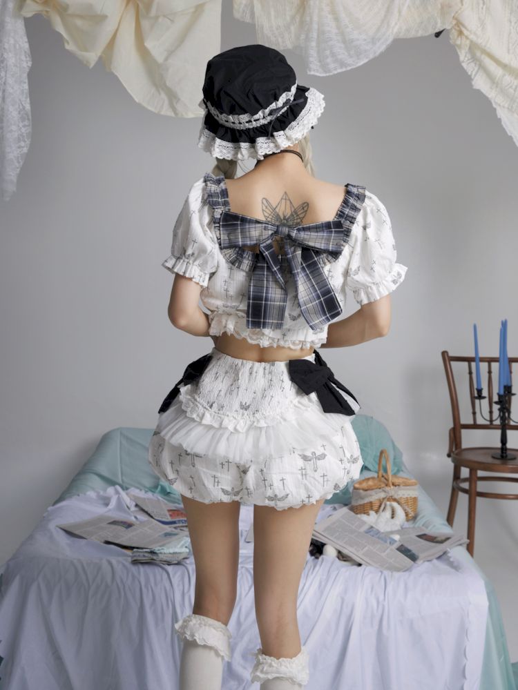 Big Bow Lace Bubble Sleeve Short Top [S0000009679]