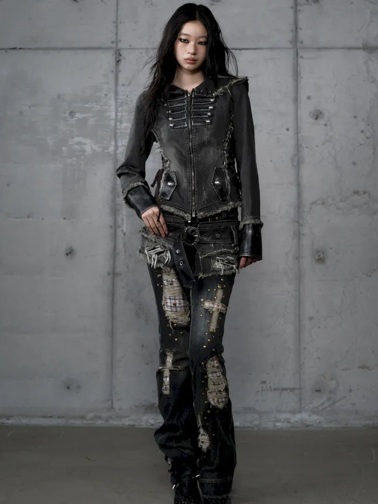 Denim Detachable Slim-Fit Hooded Jacket【s0000013951】