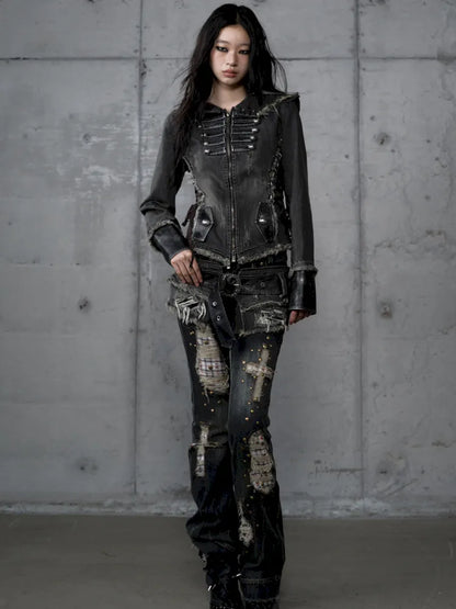 Denim Detachable Slim-Fit Hooded Jacket【s0000013951】