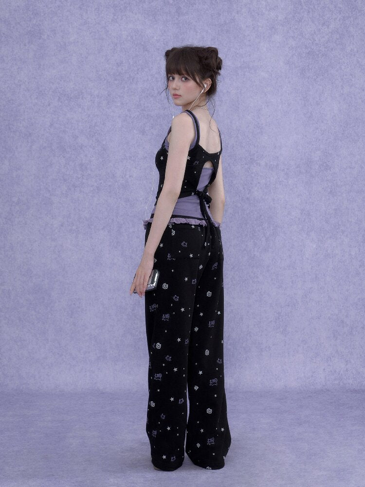 Black Purple Lace Print Trousers【s0000016649】