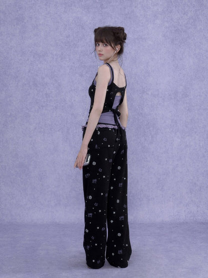 Black Purple Lace Print Trousers【s0000016649】