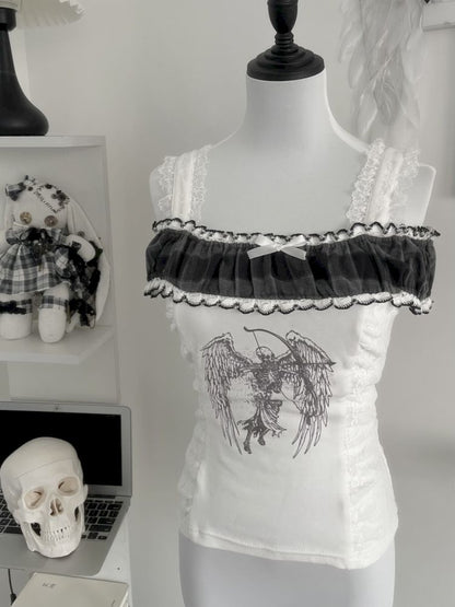 ONE NECK WHITE PLAID LACEL SKULL SHORT SLEEVE T-SHIRT [S0000008758]