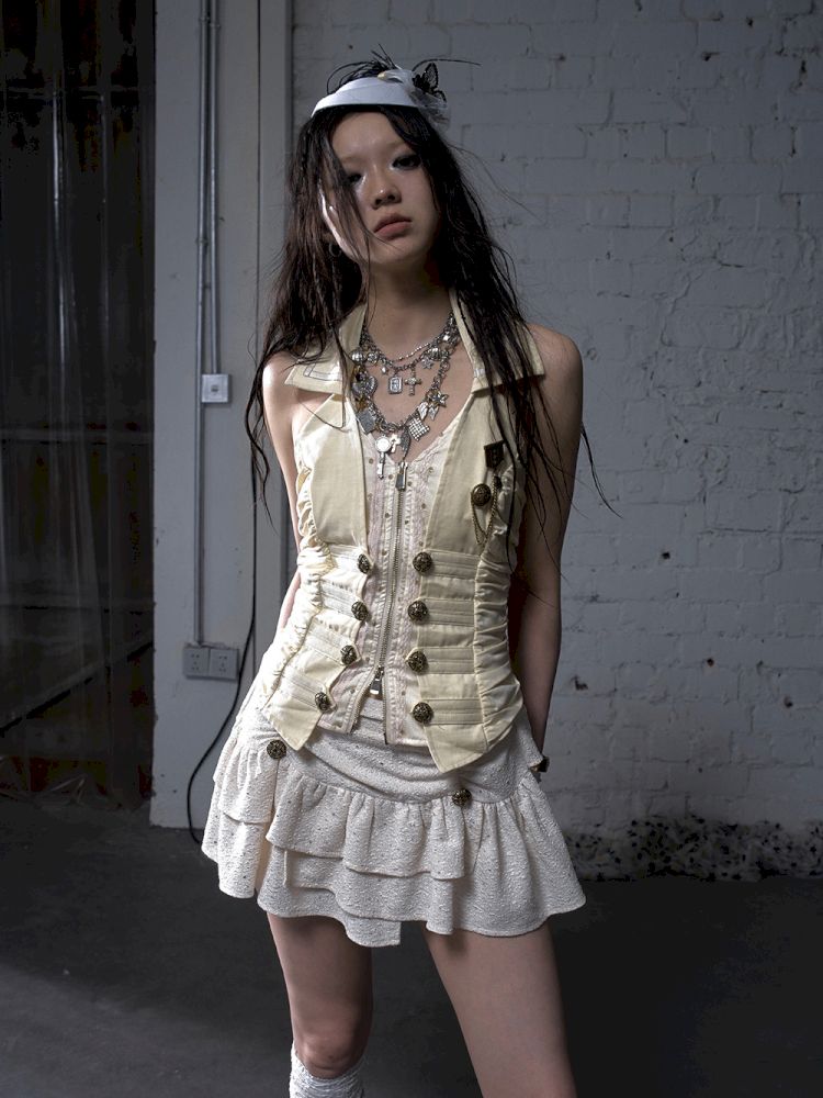 Slimming faux two-piece vest halter top【s0000012798】