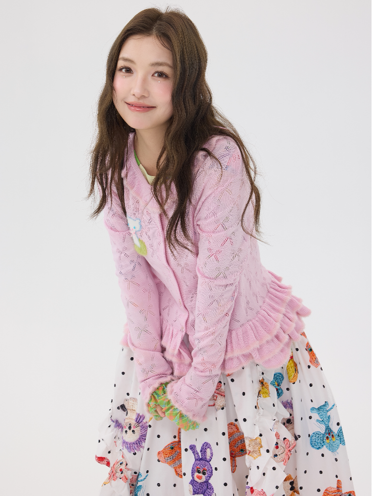 Pink Lace Bow Cut Out Knit Cardigan【s0000016196】