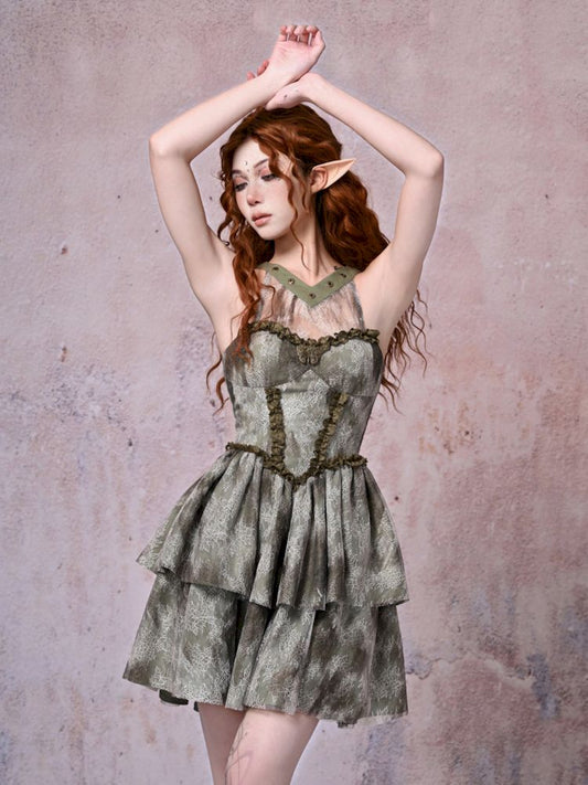 Tie-Dye Printed Lace Neck Cake Dress【s0000007671】