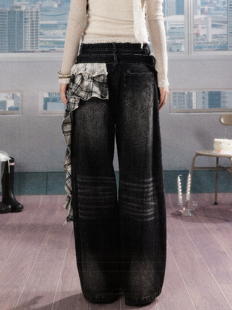 Plaid Ruffled Wide Leg Jeans【s0000016268】