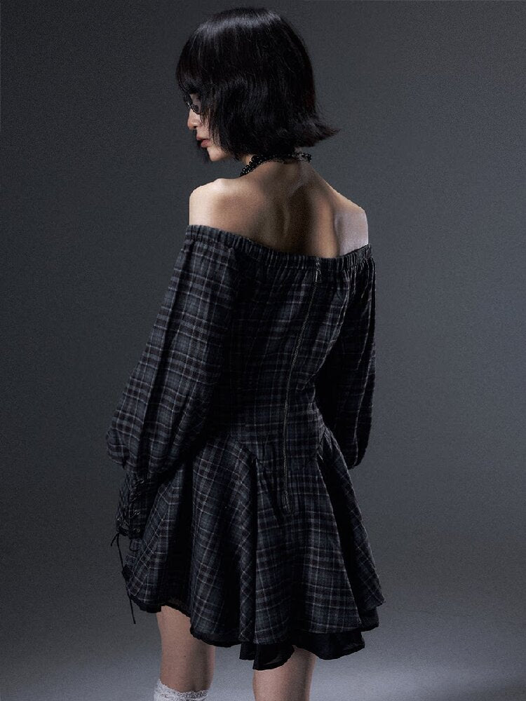 Vintage Plaid Off-Shoulder Dress【s0000018002】