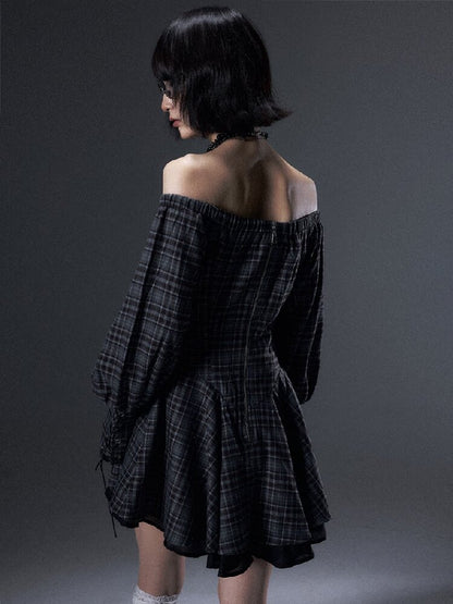 Vintage Plaid Off-Shoulder Dress【s0000018002】