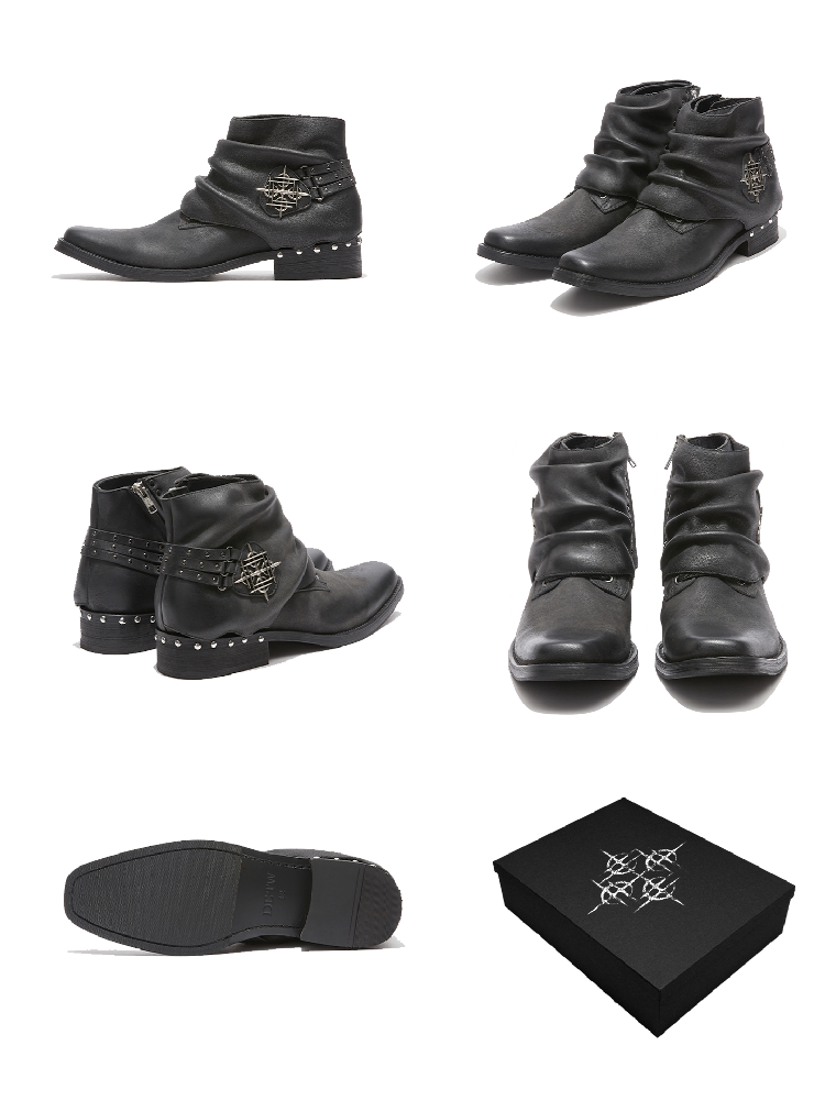 Waxed Leather Riveted Square Toe Boots【s0000019125】
