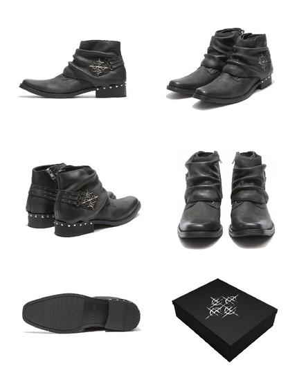 Waxed Leather Riveted Square Toe Boots【s0000019125】