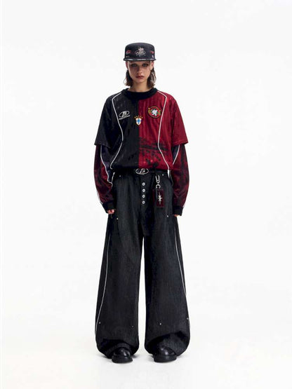 Red Trim Wide Leg Cotton Jeans【s0000015172】
