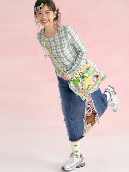 Yellow Plaid Handkerchief Kitten Crossbody Bag【s0000019248】