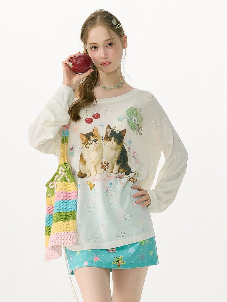 Summer Cat Heart Long Sleeve T Shirt【s0000017162】