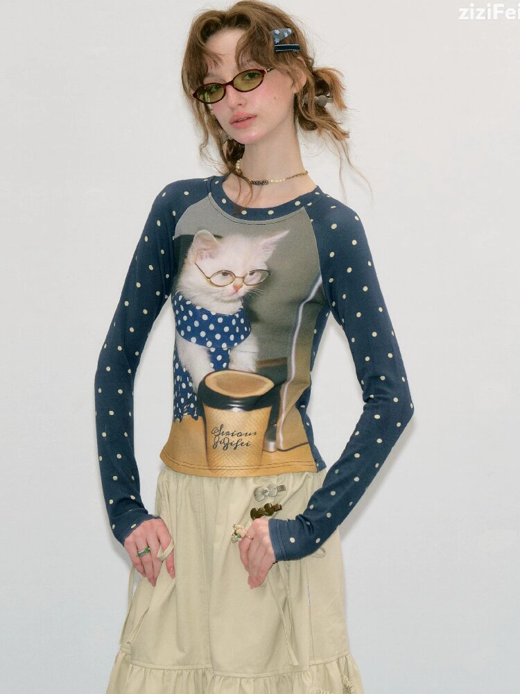 Navy Polka Dot Cat Print Shirt【s0000017894】