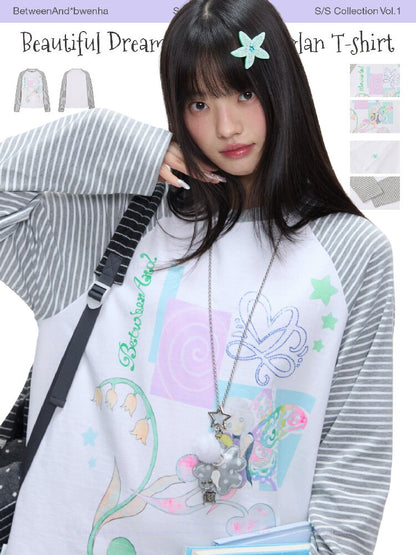 Loose Print Striped Raglan Top【s0000016378】