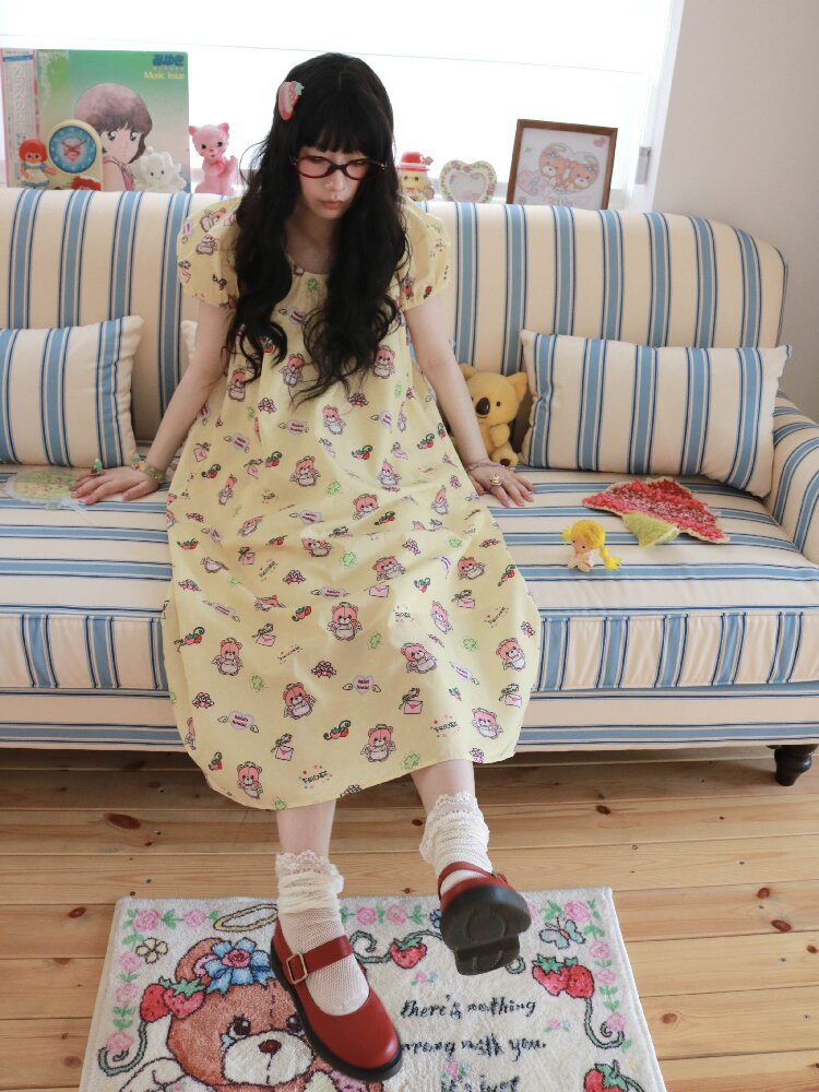 Bear Print Puff Sleeve Long Dress【s0000017512】