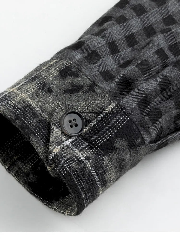 Drawstring Black-Gray Checkered Shir【s0000013959】