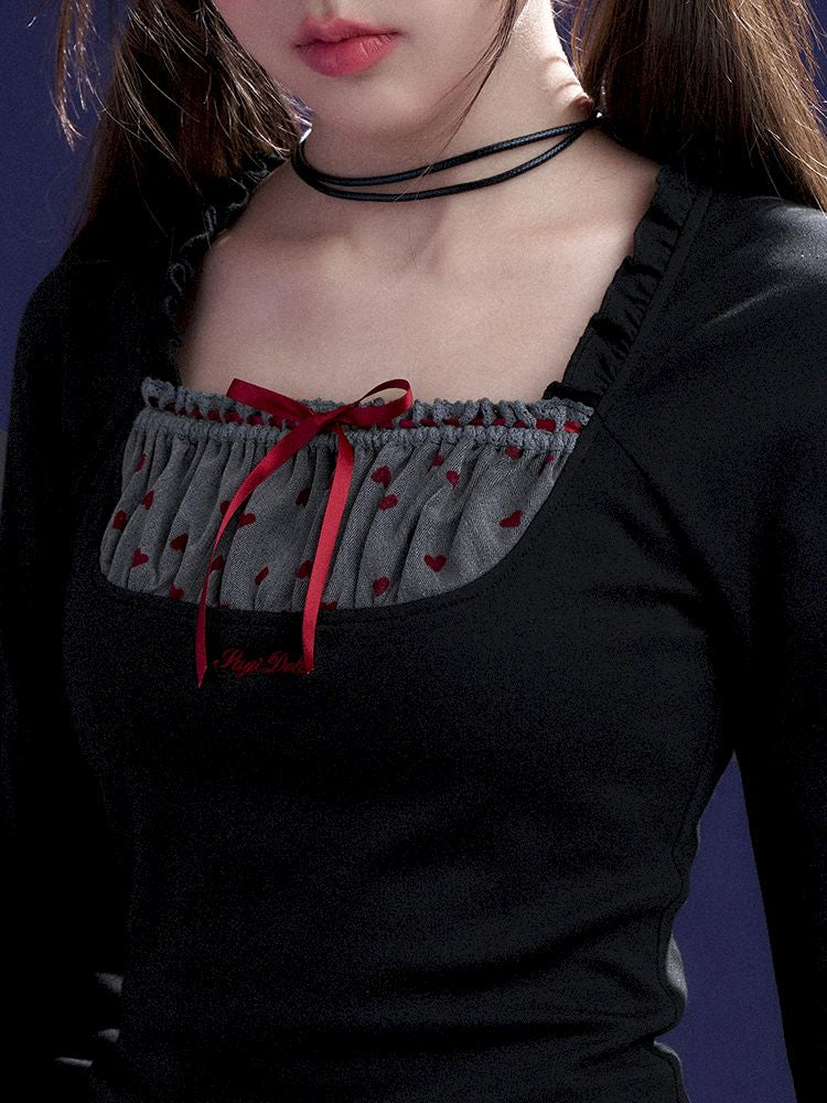 Red Sweetheart Patchwork Top【s0000011657】