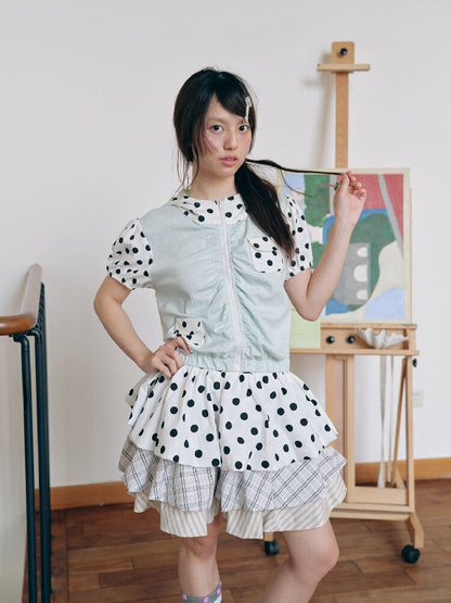 Mint Polka Dot Patchwork T-Shirt【s0000018702】
