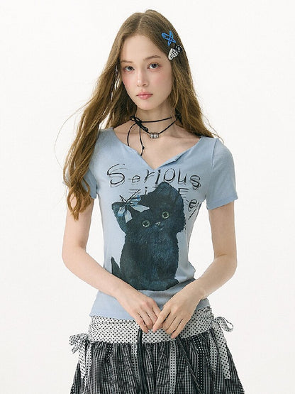 Vneck Cat Print Short Sleeve T Shirt【s0000017158】