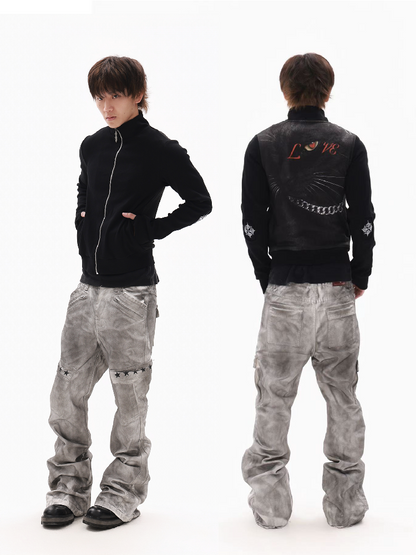 Dirty Bone Shaped Pocket Wide Jeans【s0000018306】