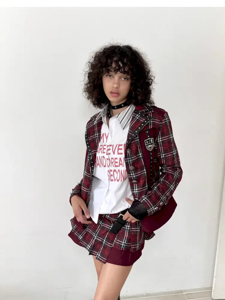 College Punk Badge Plaid Blazer【s0000014204】