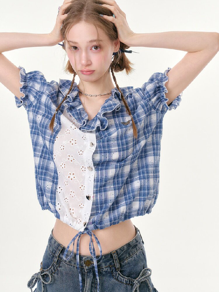 Plaid Splicing Hollow Shirt【s0000016618】