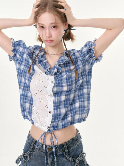 Plaid Splicing Hollow Shirt【s0000016618】