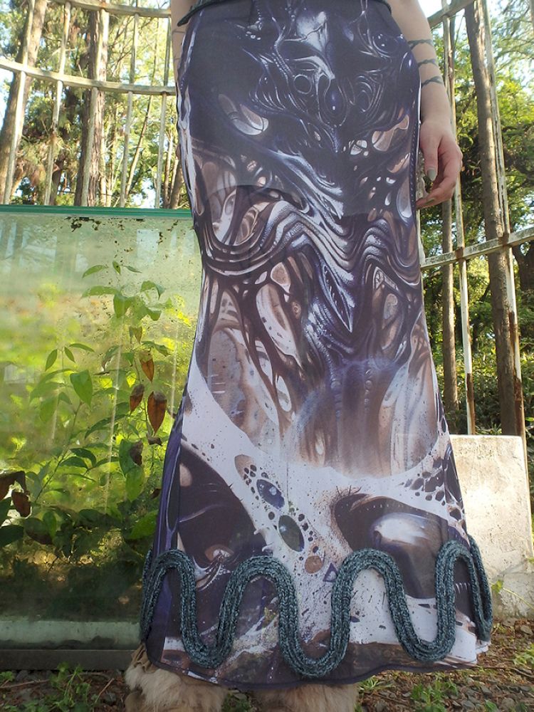 Printed Shaped Slit Mesh Half-body Dress【s0000012466】