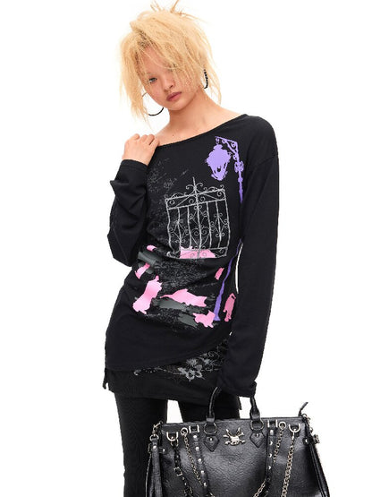 Dark Night Cat Slanted Long Top【s0000016935】