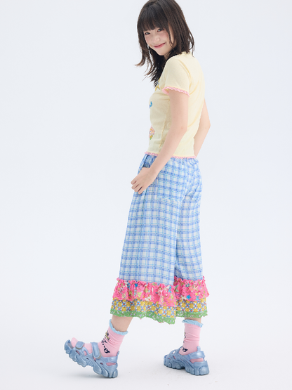 Plaid Patchwork Lace Cropped Pants【s0000017697】