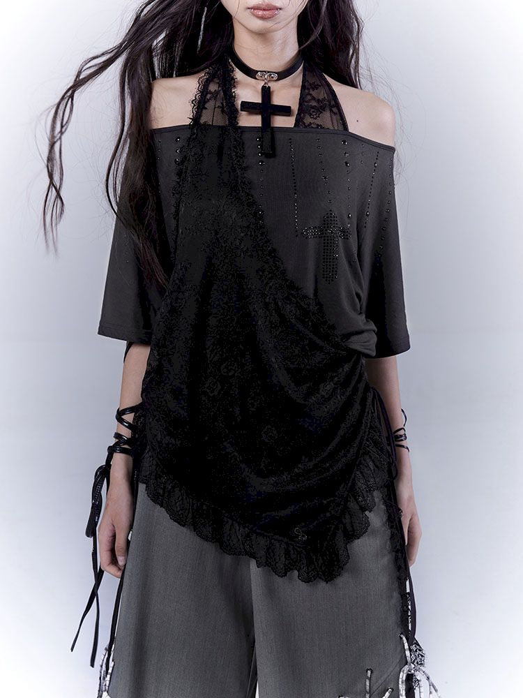 Lazy style rhinestone black T-shirt【s0000012844】