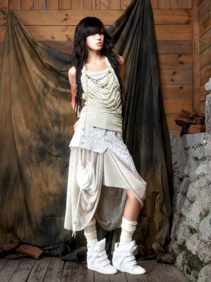 Patchwork Versatile Mesh Asymmetric Skirt【s0000013898】