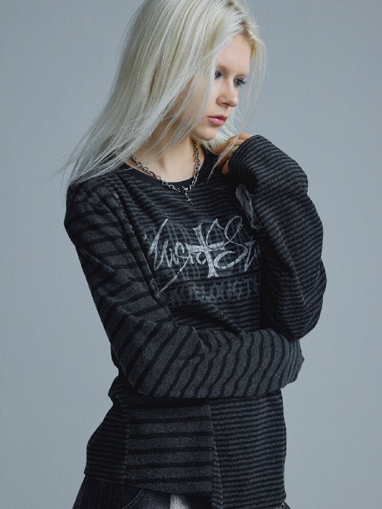 Black-Gray Striped Rivet Top【s0000018549】